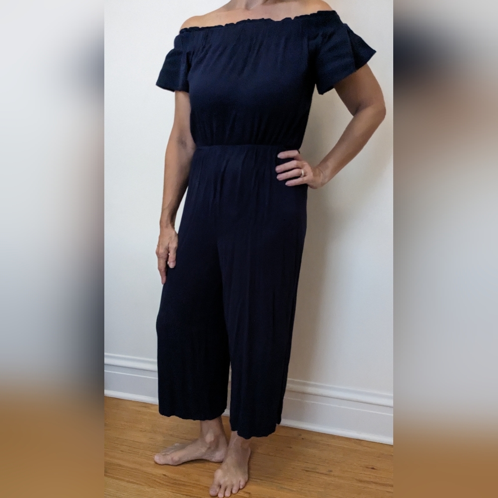 Navy off the shoulder jumpsuit